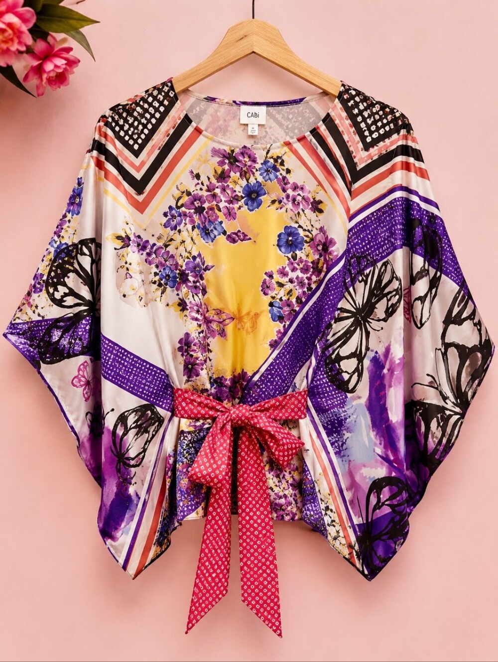 CAbi Artist Kimono Butterfly Floral Silk Blend Tunic Blouse Belted Top Size S